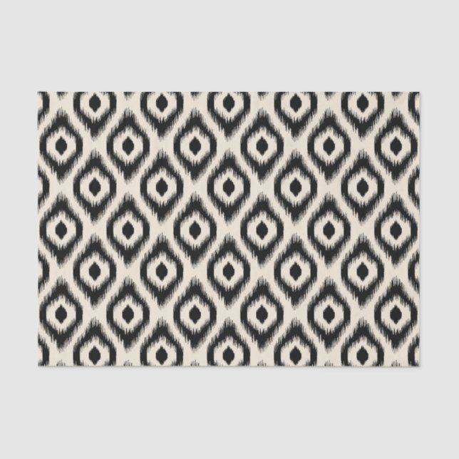 Papier Mousseline Élégant Chic Mod Black Ivoire Diamond Ikat Motif (Recto)