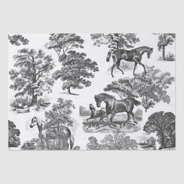 Papier Mousseline Élégant Chic Rustic Horses Black White Toile (Recto)