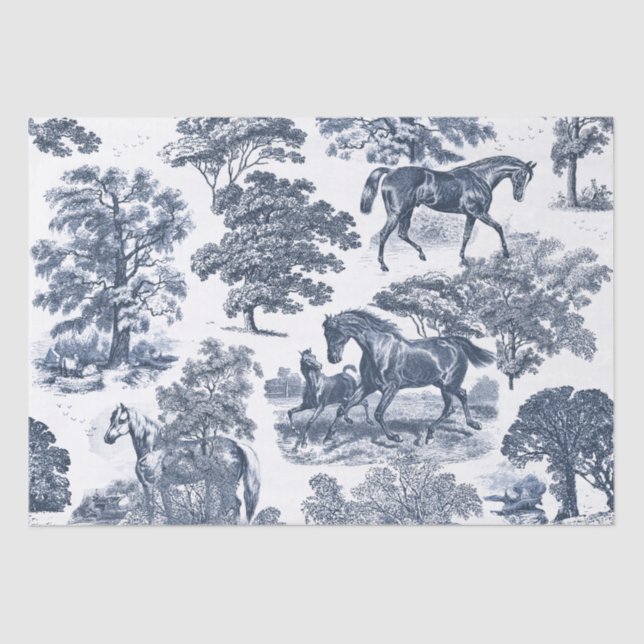 Papier Mousseline Élégant Chic Rustique Horses Bleu Blanc Toile (Recto)