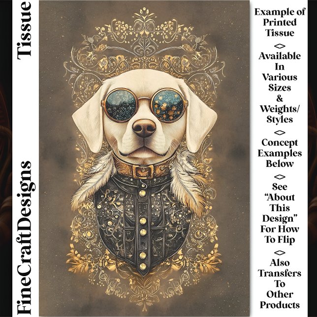 Papier Mousseline Élégant chien Labrador, Gold Filigree CM3 Découpag (Créateur téléchargé)