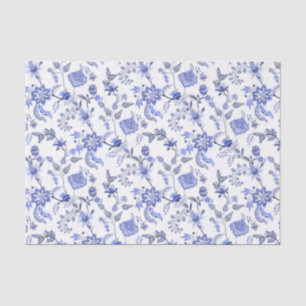 Papier Mousseline Élégant chintz floral bleu antique sur fond blanc