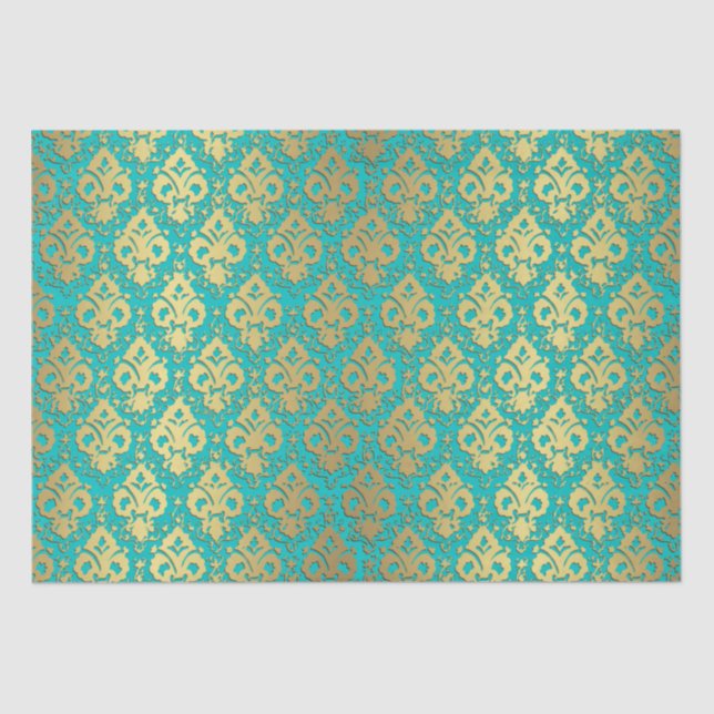 Papier Mousseline Élégant Découpage Vintage Gold Turquoise Damask (Recto)