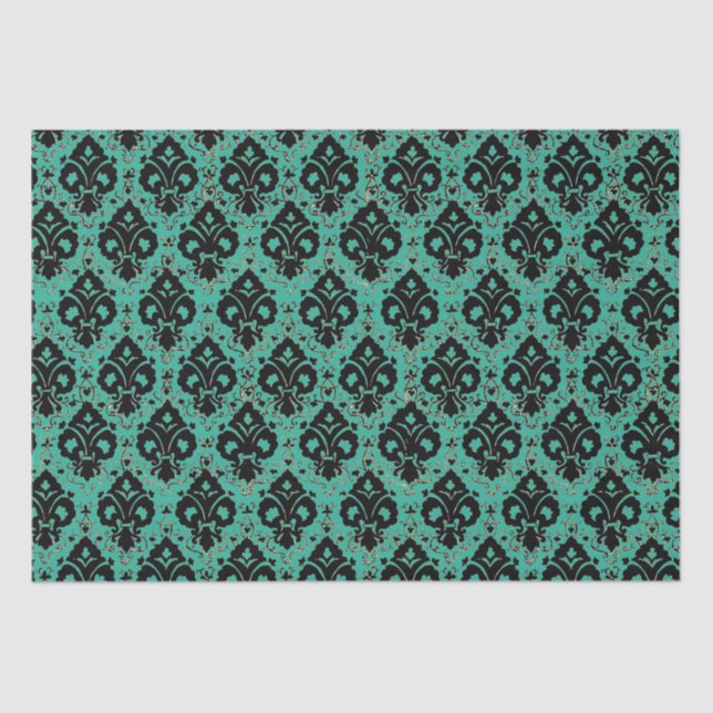 Papier Mousseline Élégant Découpage Vintage Noir Turquoise Damas (Recto)