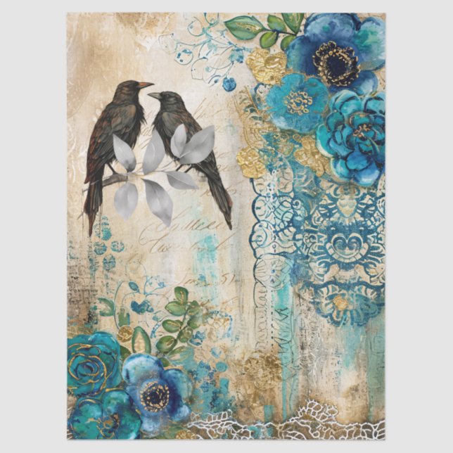 Papier Mousseline Elegant Distressed Teal Blue Gold Florals & Ravens (Recto)