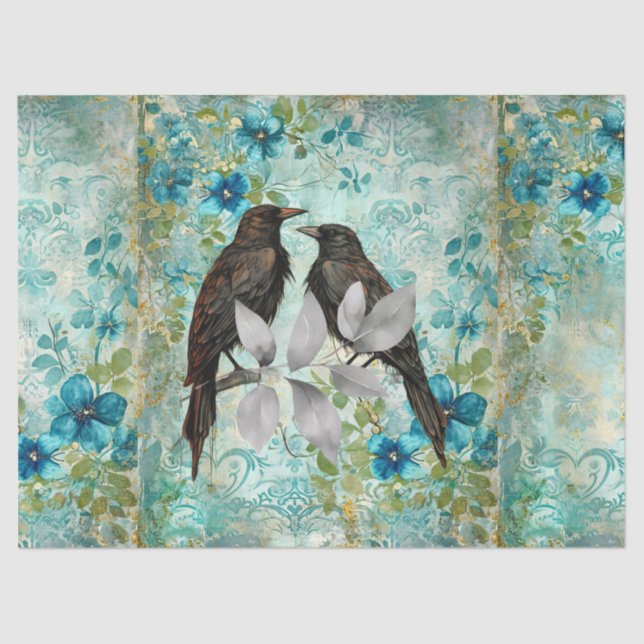 Papier Mousseline Elegant Distressed Teal Floral & Ravens (Recto)