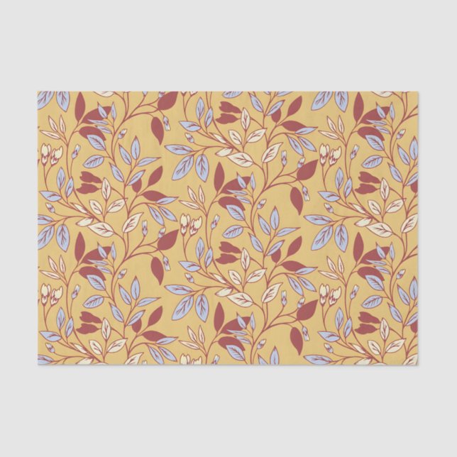 Papier Mousseline Elegant Floral Pattern with Red and Blue Leaves (Recto)