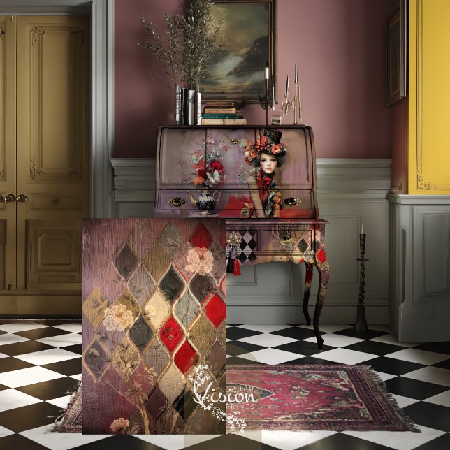Papier Mousseline Elegant Hatter Harlequin Diamond Floral (Decoupage sheet leaning against vintage secretary desk on checkerboard floor with pink Persian rug)