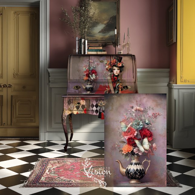 Papier Mousseline Elegant Hatter Harlequin Teapot Floral (Decoupage sheet leaning against vintage secretary desk on checkerboard floor with pink Persian rug)