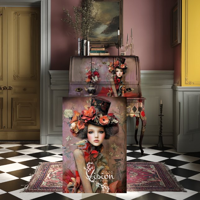 Papier Mousseline Elegant Hatter Top Hat Red Rose Portrait (Decoupage sheet leaning against vintage secretary desk on checkerboard floor in mauve yellow room)