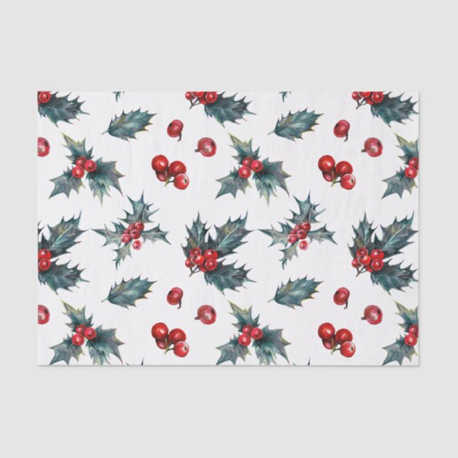 Papier Mousseline Elégant Holly Berry Noël de Noël Rustique (Recto)