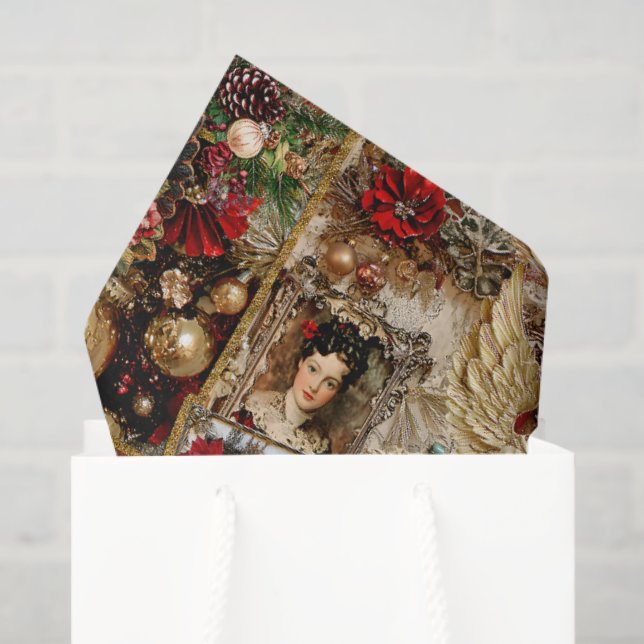 Papier Mousseline Elegant Ivory and Red Victorian Christmas Collage (Sac cadeau)