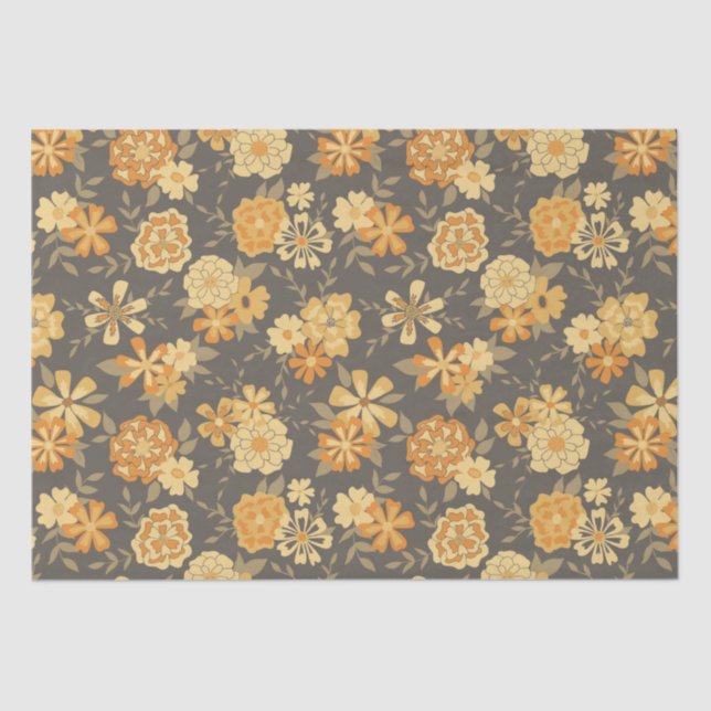 Papier Mousseline Elégant Jaune Orange Fleurs Sur Brown (Recto)