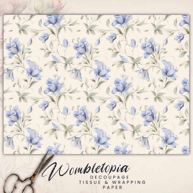 Papier Mousseline Élégant Joli floral bleu sur Découpage crème (Créateur téléchargé)