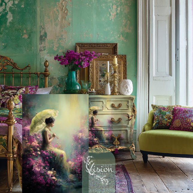 Papier Mousseline Elegant Lady & Parasol sitting, Ethereal Floral  (Elegant Woman and a Parasol, Vibrant, Ethereal Floral, Portrait Art Decoupage Tissue Paper.)