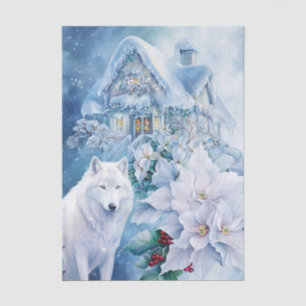Papier Mousseline Élégant Loup Blanc Bleu Floral Scénique d'Hiver