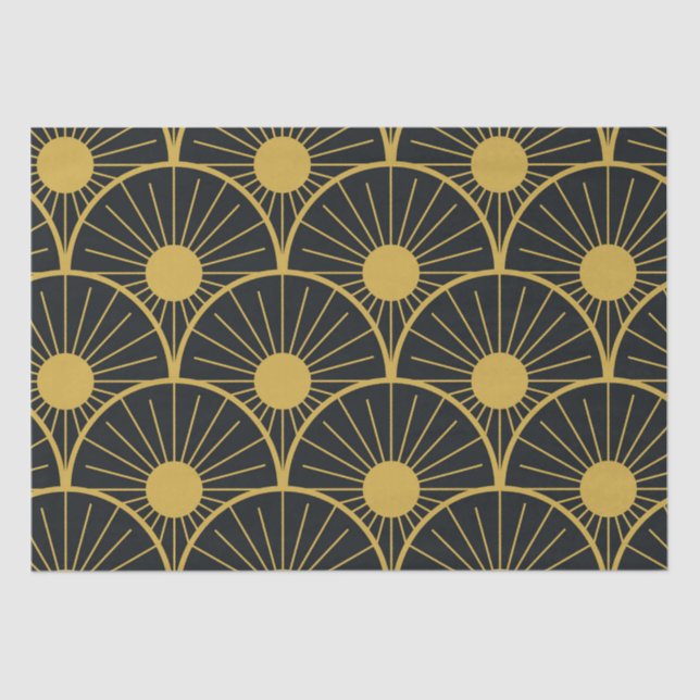 Papier Mousseline Elégant Motif Art Déco Gold Sun sur Noir (Recto)