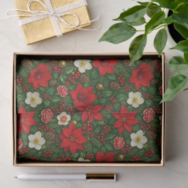 Papier Mousseline Élégant Motif d'art botanique Poinsettia Floral (Cadeau)