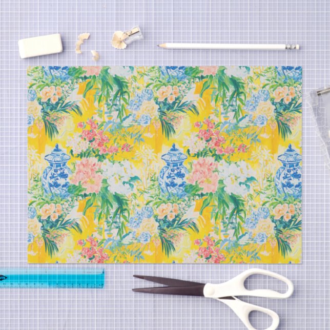 Papier Mousseline Élégant motif de fleurs et pot à gingembre  (Artisanat)