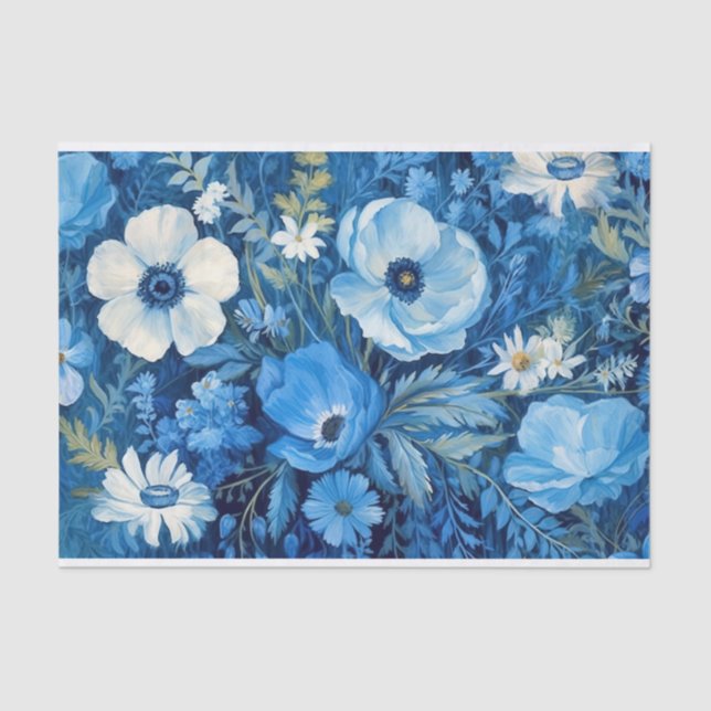 Papier Mousseline Elégant motif floral bleu et blanc découpage (Recto)