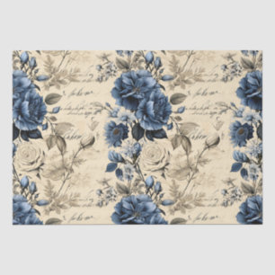Papier Mousseline Élégant motif floral crème bleue