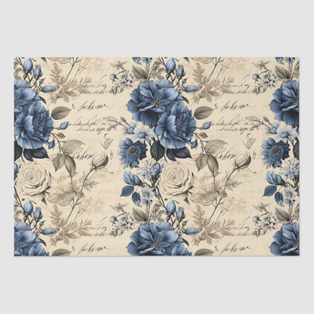 Papier Mousseline Élégant motif floral crème bleue (Recto)