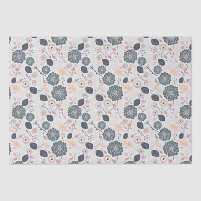 Papier Mousseline Élégant motif floral gris bleu pêche (Recto)