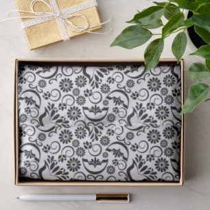 Papier Mousseline Élégant motif floral noir et blanc à volutes vinta
