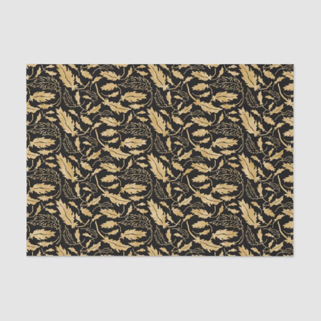 Papier Mousseline Élégant Motif Vintage Black Gold Leaf (Recto)