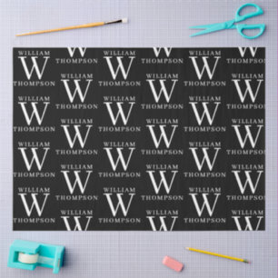 Papier Mousseline Élégant noir et blanc Nom monogramme initial