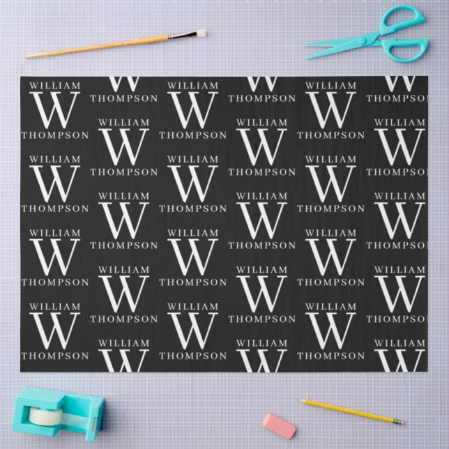 Papier Mousseline Élégant noir et blanc Nom monogramme initial (Artisanat)