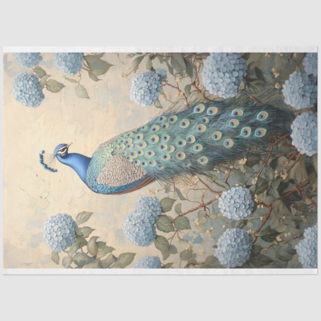 Papier Mousseline Elégant Peacock avec Blue Hydrangeas peinture à l' (Recto)