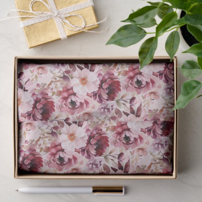 Papier Mousseline Elegant Pink Burgundy Floral (Cadeau)