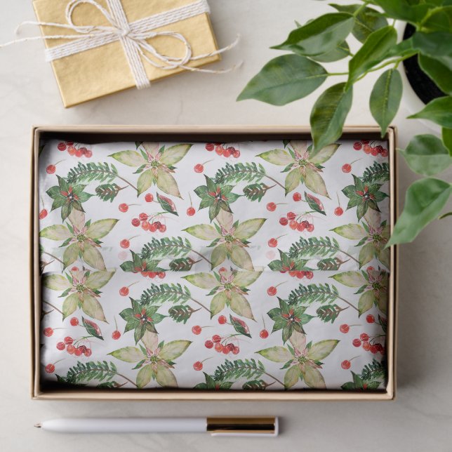 Papier Mousseline Elégant Poinsettia et Berries (Cadeau)