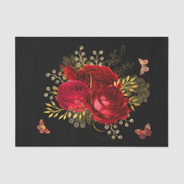 Papier Mousseline Elégant Rouge Roses Butterfly Gold (Recto)