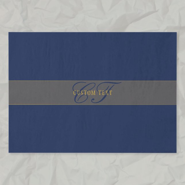 Papier Mousseline Élégant Script Monogram Dark Navy Blue Grey & Gold (Créateur téléchargé)