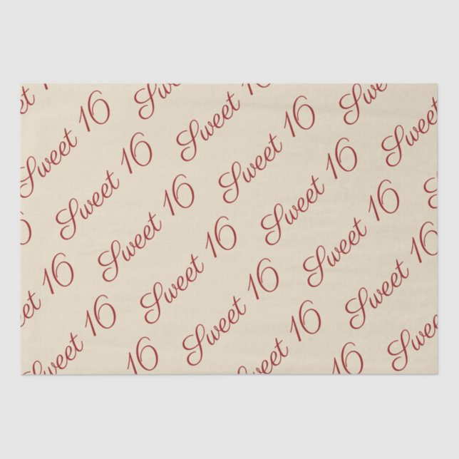 Papier Mousseline Élégant Script Red Sweet 16 Anniversaire Tan (Recto)
