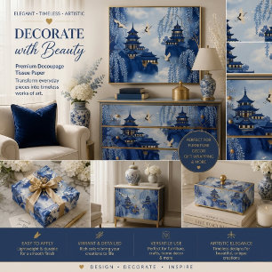 Papier Mousseline Élégant Sérénité Bleu Chinoiserie Montagne Découpa