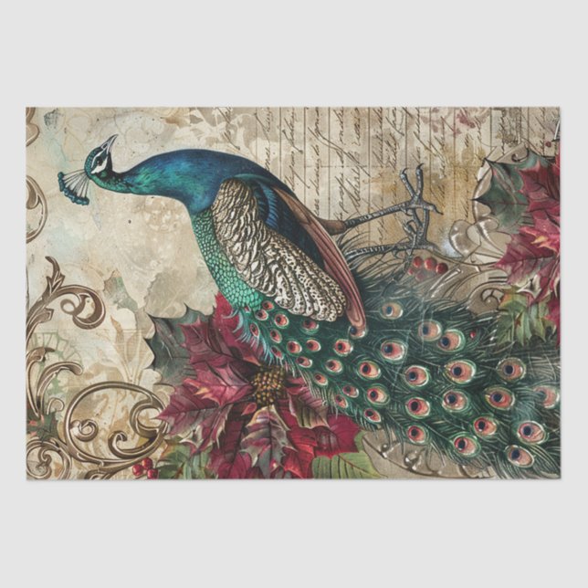 Papier Mousseline Elegant Teal Peacock Christmas Decoupage (Recto)