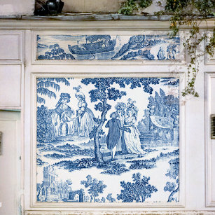 Papier Mousseline Elégant Toile Vintage Bleu et Blanc