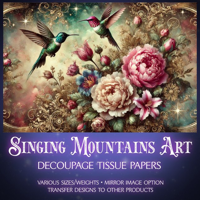 Papier Mousseline Elegant Vintage Floral Hummingbird Decoupage  (Créateur téléchargé)