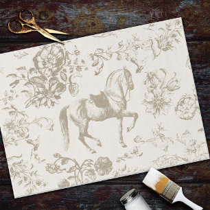 Papier Mousseline Elégant Vintage or Beige Horse Fleurs