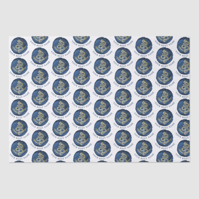 Papier Mousseline Elégante Ancre aquarelle Nom nautique Marine Bleu (Recto)