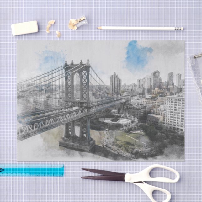 Papier Mousseline Elégante aquarelle Brooklyn Bridge NYC (Artisanat)