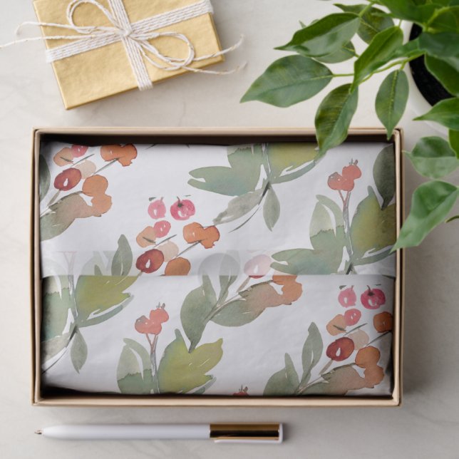 Papier Mousseline Elégante aquarelle Rouge Berry Noël Floral (Cadeau)