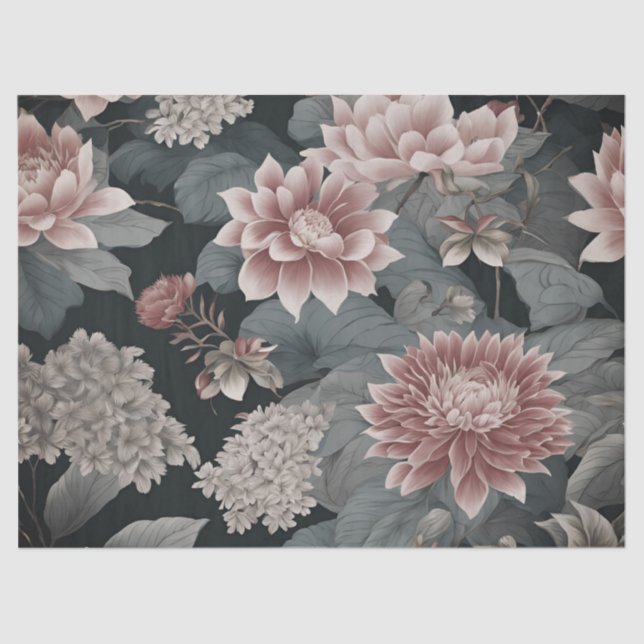 Papier Mousseline Élégante Chinoiserie Florals Gris Framboise (Recto)