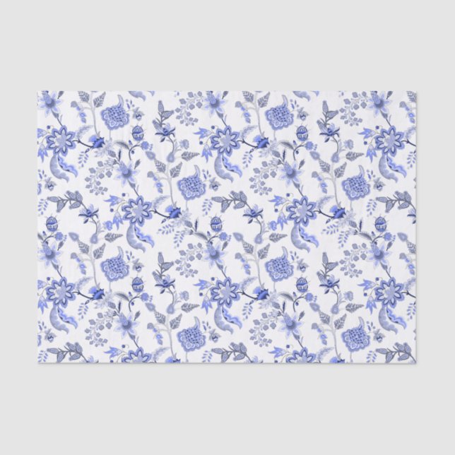 Papier Mousseline Elégante Chintz Floral Bleu Antique sur Blanc (Recto)