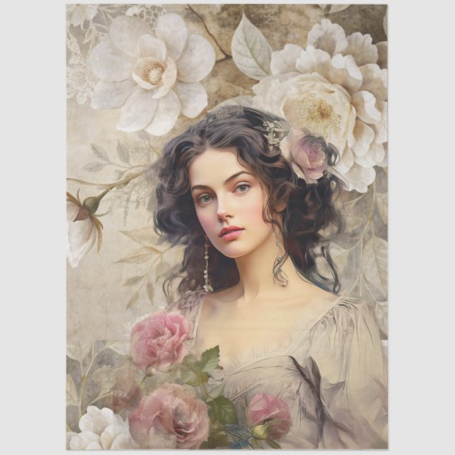 Papier Mousseline Élégante Dame de l'époque victorienne Flore blanch (Recto)