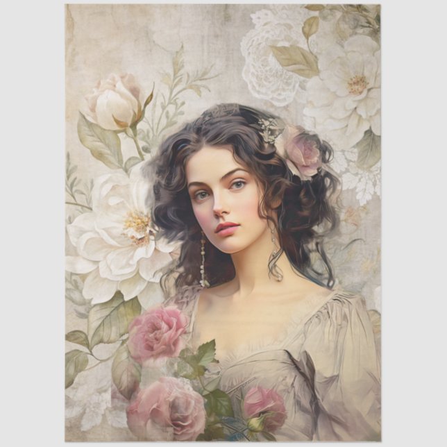 Papier Mousseline Élégante Dame de l'époque victorienne Flore blanch (Recto)