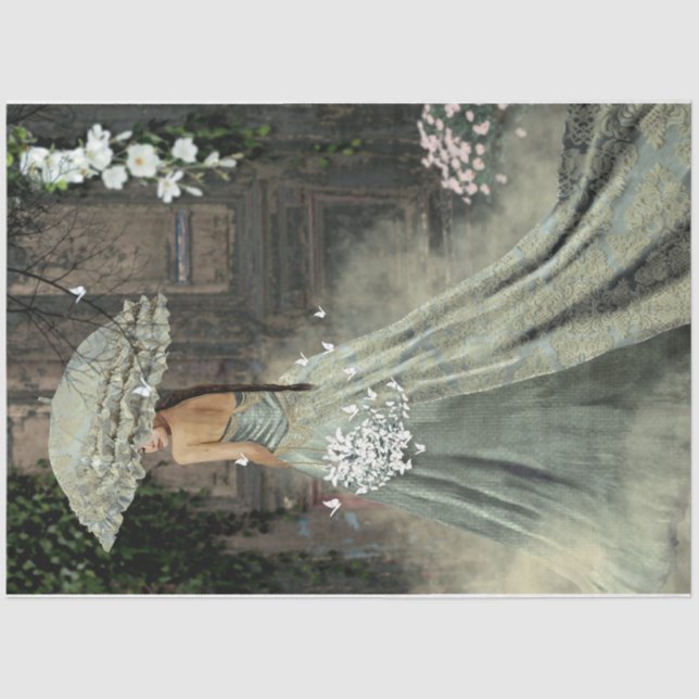 Papier Mousseline Elégante dame Robe verte Parasol Vielle Porte Flor (Recto)