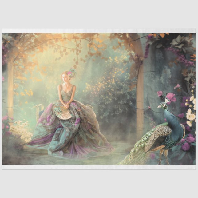Papier Mousseline Elégante Dame & un paon, Vibrant Portrait Art (Recto)